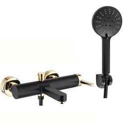 Rea POLO BLACK GOLD RUBINETTO VASCA Miscelatore Vasca con Doccia in Ottone per Bagno Caldo e Freddo Regolabile (Nero Opaco/Oro)