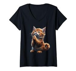 Mujer Meditar Gatito Santo Gato Mediador Fe Dios Religión Camiseta Cuello V