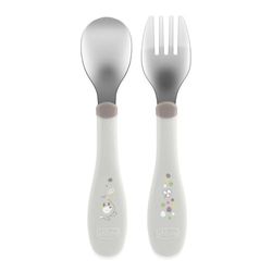 Chicco Couverts en Acier Inoxydable, Couverts Enfants, Set Bouillie, Fourchette et Cuillère pour Enfants, en Acier Inoxydable, Facile à Porter, Set Sevrage Première Bouffe, 2 Pièces, 18M+, Gris