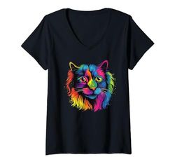 Donna Simpatico gatto arcobaleno colorato per donne, ragazze, uomini, ragazzi, amanti Maglietta con Collo a V