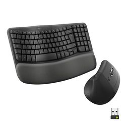 Logitech Wave Keys draadloos ergonomisch toetsenbord - Grafiet, US International QWERTY indeling, Logitech Vertical Ergonomic Mouse, Wireless, Bluetooth or Logi Bolt USB Receiver, Silent Clicks