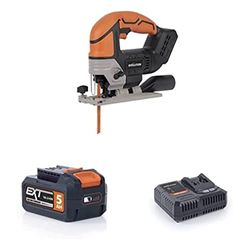 Evolution Power Tools R90JGS-Li - Sierra de calar inalámbrica con batería de 5 Ah + paquete de cargador