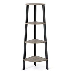 Meerveil Hoekrek, rek zwart metaal, ladderrek met 4 etages, boekenkast, vintage staand rek, kleine houten hoekkast, voor thuis, woonkamer, slaapkamer, balkon, studeerkamer, kantoor, grijs