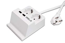 PeakTech, 3125, Toma de corriente de sobremesa con 2 x 230 V Schuko y 2 cargadores USB de 2,5 A, regleta de enchufes con bloqueo de seguridad para niños, incl. soporte para smartphone y tablet