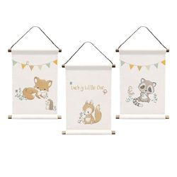 Herding Babybest, Lot de 3 Tableaux Muraux Amis de la Forêt, Petits Tableaux en Coton pour Chambre de Bébé et d'Enfant, Env. 20x30 cm, 100% Coton avec 2 Baguettes en Bois
