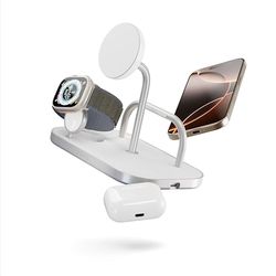Zens 4-in-1 Wireless Charger, Chargeur sans Fil de 15 W Compatible avec MagSafe et Qi2 pour iPhone, Apple Watch, AirPods, Adaptateur Secteur de 65 W (EU,UK,US) et câble intégré de 1,5 m Inclus, Blanc