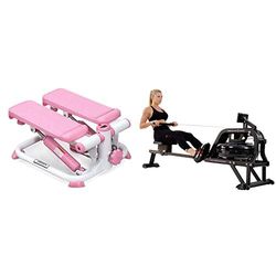 Sunny Health and Fitness Water Rowing Machine Rower w/LCD Monitor - Obsidian + Exercise Stepping Machine, Portable Mini Stair Stepper for Home, Desk or Office Workouts
