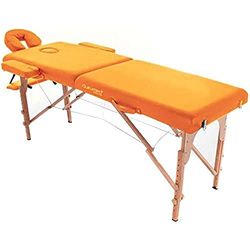 QUIRUMED Lettino da massaggio pieghevole Easy in legno, colore arancione, 194 x 70 cm, lettino da massaggio, massaggio fisioterapico, similpelle, testa articolata, altezza regolabile, 2 sezioni
