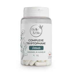 ACTION DETENTE, SOMMEIL & EQUILIBRE EMOTIONNEL - Complexe Tryptophane - 90 gélules - Cure 45 jours - Complément Alimentaire BELLE&BIO - Fabriqué en France