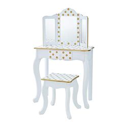 Teamson Kids Houten Kaptafel Kinderen - Tafel en Stoel Set - Polka Dot - Wit/Goud