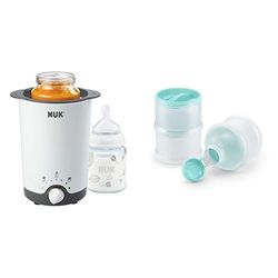 NUK 10256377 Barnmat Varmare, Grå, Vit & NUK staplingsbar dispenser för barnmat | Dispenser för mjölkpulver med tre staplingsbara skålar/behållare | Suverän för mellanmål | BPA-fri | Blå