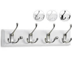 LARHN Wall-Mounted Coat Rack - 4 Matt-Nickel Triple Coat Hooks for Wall on White Wooden Bamboo Base - 42 cm - All Fixings Included