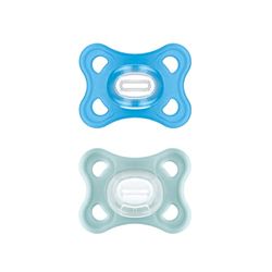 MAM Comfort smoczek w zestawie, wyjątkowo mały i lekki smoczek dla noworodków i niemowląt, w 100% z silikonu, z miękką przyssawką MAM SkinSoft i pudełkiem na smoczek, 3-12 miesięcy, niebieski, 2 szt