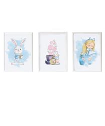 Set 3 cuadros infantiles formado por cuadro conejo con reloj, cuadro flores y objetos Alicia y cuadro Alicia con pocima azul