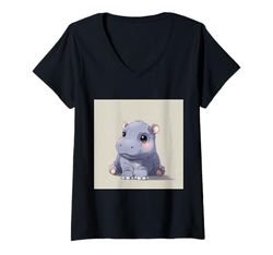 Mujer Lindo hipopótamo de Dibujos Animados hipopótamo Chibi Lindo Camiseta Cuello V