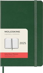 Moleskine Daily Planner, 12-Month Daily Agenda 2025, Hard Cover and Elastic Closure, Myrtle Green Color, Pocket Format 9x14 cm