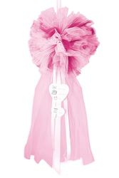 Cocarde Naissance avec rubans de satin parchemin et application de queues, Pon Pon Rose