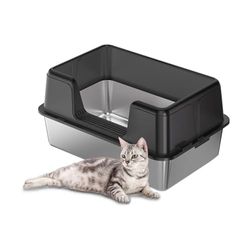 Zstar Inodoro para Gatos de Acero Inoxidable, Extragrande con Paredes Laterales Altas, extraíble y fácil de Limpiar con Tapa, 60 x 40 x 36,5, Negro