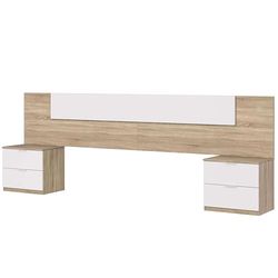 Habitdesign Cabeça duas mesas de cabeceira, cabeceira e mesas, modelo de praia, acabamento em branco Artik e carvalho canadense, medidas: 247 cm (largura) x 50 cm (altura) x 38 cm (fundo)