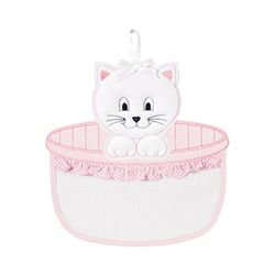 FILET - Lazo de Nacimiento Neonato con Gatito en la Cesta en Tela Aida para Bordar, Realizado en Algodón, Ideal para Colgar para Anunciar el Nacimiento de un hijo, Made in Italy, Color Blanco y Rosa