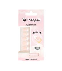 Invogue Coffin Natural Pink False Nails With Glue 24 Pack