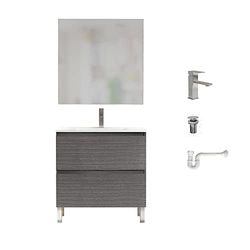 Baikal Pack solución Completa. Incluye: Mueble de Baño, Lavabo cerámico, Grifo, Sifón Extensible y Válvula de desagüe. Mueble MONTADO. Entrega Todo en uno. Puerta + Cajón con Espejo 80 cm Ceniza