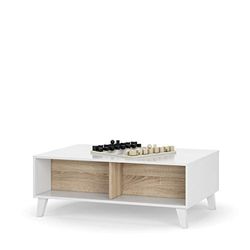 Verhoogde salontafel, model Zaiken Plus, glanzend wit en Canadese eik, afmetingen: 100 cm (breedte) x 38/48 cm (hoogte) x 68 cm (diepte)