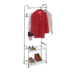 Relaxdays Coat Rack Shelves, 4 Pairs of Shoes, 4 Hooks, 1 Clothes Rail, for Hallway HWD: 173 x 60 x 31cm, Grey, Steel