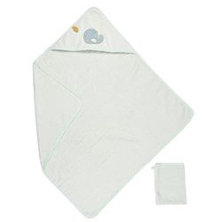 Nattou Toalla de Baño con Capucha y Manopla de Algodón y Poliéster, Ballena Sally, Aprox. 75 x 75 cm, Algodón, Romeo, Jules y Sally, Azul Claro