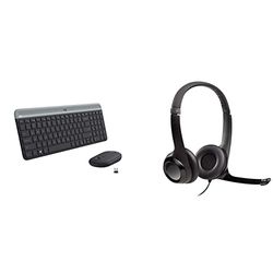 Logitech MK470 Slim Wireless Keyboard & Mouse Combo - Black & H390 Wired Headset for PC/Laptop, Stereo Headphones with Noise Cancelling Microphone, USB-A, In-Line Controls - Black