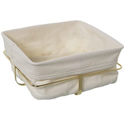 DRW Cestino di Pane in Metallo e Tessuto in Bianco e Oro 21,5x21,5x10cm