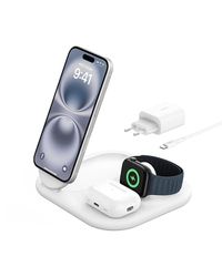 Belkin BoostCharge Caricabatteria magnetico pieghevole 3 in 1 con Qi2 da 15 W, caricatore rapido MagSafe per Apple iPhone 16/15, Apple Watch ed AirPods, base antiscivolo, alimentatore incluso, Bianco