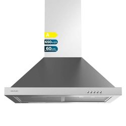 Cecotec Campana Extractora 60 cm Piramidal Bolero Flux PM 606500 Inox A. Motor 165W, Acabado Inox, Succión 650m3/h, Control Mecánico, 3 Niveles de Potencia, Luz y Filtro de Carbono