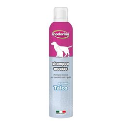 Inodorina, Shampoo Mousse a Secco, con Azione Emolliente e Detergente, Rispetta Il PH Naturale, Anche per Lavaggi Frequenti, Ideale per Cani, Gatti e Cuccioli, Profumazione Talco, 300 ml