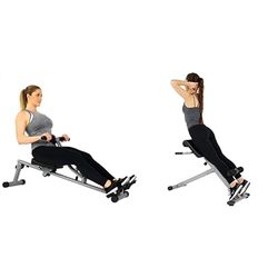 Sunny Health & Fitness SF-RW1205 12 Adjustable Resistance Rowing Machine Rower w/Digital Monitor + 45 Degree Hyperextension Roman Chair, Steel, Grey, One Size SF-BH6629