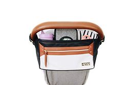 Itzy Ritzy Panier réglable pour poussette – Organiseur avec deux poches avant zippées intégrées et sangles réglables pour s'adapter à presque toutes les poussettes, café et crème