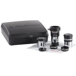 Celestron 94307 AstroMaster Kit de acessórios para os olhos e filtros de 8 peças: Inclui dois oculares de 1,25 polegadas, 2 lentes Barlow, três filtros, um pano de limpeza e uma capa rígida, preta