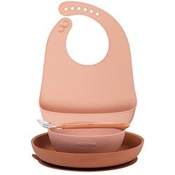 Nattou Set Repas en Silicone pour Enfants, 4 Pièces, 1 Cuillère, 1 Assiette, 1 Bol, Antidérapant, Sans BPA, Silicone, Rose/Marron