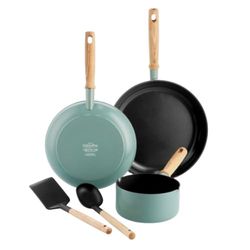 GreenPan Mayflower Conjunto de 5 baterias de cerâmica anti-aderente, inclui panelas, caçarolas e utensílios de nylon, cabo de madeira vintage, livre de PFAS, indução, azul fumado