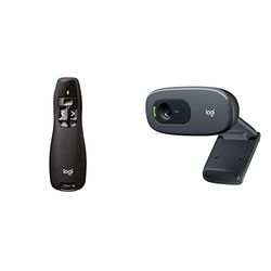 Logitech R400 Puntatore Laser per Presentazioni Wireless, 2.4 GHz e Bluetooth, Ricevitore USB & C270 Webcam HD, HD 720p/30fps, Videochiamate HD Widescreen, Correzione Automatica ‎Luminosità