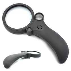 FISHTEC - Loupe à Main Éclairante 4 LED - 3 en 1 Loupe LED – 3X Grossissements Différents - 1 Lumière UV - Diamètre du Verre Loupe de Lecture 65 mm - Idéal pour la Lecture,Timbres, Artisanat - Noir