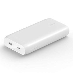 Belkin 20000mAh power bank fast charging, USB-C Power Delivery portable charger with 30W USB-C and 12W USB-A ports, 20K travel battery pack for MacBook, iPad, iPhone, Galaxy, Pixel and more – White