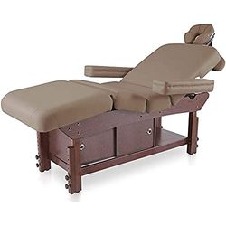 QUIRUMED SPA Tavolo con Ripiano e Ante Scorrevoli, Colore Visone, Similpelle, Base in Legno, 210 x 69 cm, Altezza Regolabile, Testa e Braccioli Estraibili, Multiposizione