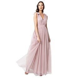 Maya Deluxe Dames Frosted Roze Maxi Jurk met Ruches Schouder Detail Bruidsmeisje, 44