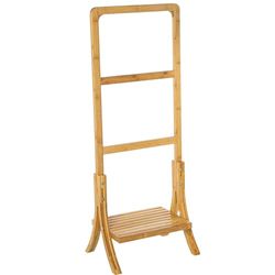 DRW Toallero de Suelo de baño con balda en Madera Natural 40x30x104cm