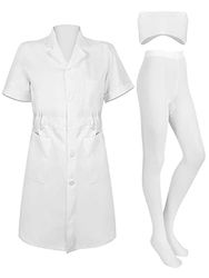 3 Stuks Set Witte Korte Mouw Professionele Medische Lab Jas Verpleegkundige Hoed Hoofdband Verpleegkundige Cap Effen Kleur Voet Panty Kostuum voor Vrouwen (M)