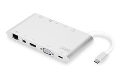 Digitus DA-70861, Multiport Docking Station - Dock USB-C Dock 11 porte - Audio/Video, RJ45, 3x USB 3.0, porta di ricarica, lettore di schede - grigio