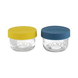 Kilner 0.125L Set di 2 vasi in Vetro Conserve, 125 ml, con Coperchio in Silicone Push Top, Perfetti per Snack e Alimenti, Trasparente, Blu e Giallo