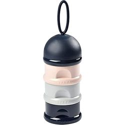 BÉABA Recipiente dosificador de leche en polvo, Dispensador de Leche Bebé, Apilable, 3 Compartimentos, 100% Hermética, Uso evolutivo como caja de snacks, Azul/Gris/Rosa