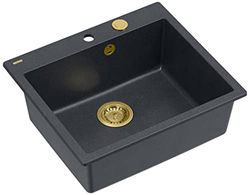 QUADRON Lavello Nero + Oro Pvd | Dimensioni 57 x 50 x 22 cm | Lavello in granito MORGAN 110 Lavello da incasso con foro per rubinetto | Lavello a vasca singola Lavello da cucina a vasca singola